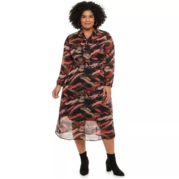 NEW EVRI Multicolor Black Fit & Flare Midi Dress with Bow Tie Plus Size 3X - Picture 1 of 17